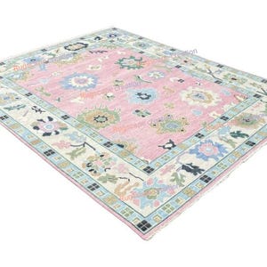 Hand-Knotted Rug Peach and Green Oushak Rug Vintage Floral Wool Area Carpet for Living Room Bedroom 5x8 6x9 7x10 8x10 9x12 10x14 Custom Rug