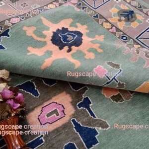 Verdant Indo Oushak Rug – Hand-Knotted Wool Rug in Multiple Sizes – Luxurious Moss Green Rug for Living Room, Bedroom & Dining Hall