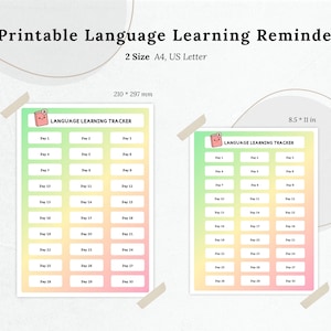 Rastreador de aprendizaje de idiomas, planificador de estudio de idiomas, diario de idiomas imprimible, registro de progreso digital, objetivos de idioma en A4 y tamaño carta de EE. UU.