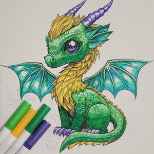 Baby Dragon Coloring Pages, Fantasy Printable Coloring Pages, Instant Download
