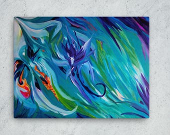 Abstract Floral Canvas Print, Teal Blue Green Botanical Art
