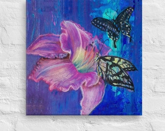 Butterfly art print, Floral wall art, abstract flowers canvas print, butterflies decor, pink and blue, feminine wall art