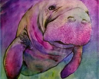 Watercolor Manatee Art Print, Crystal River Florida Artwork