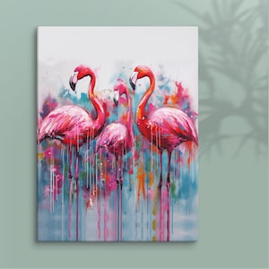 Abstract Flamingos Art on canvas, Tropical wall art, Colorful prints, Flamingo Canvas print