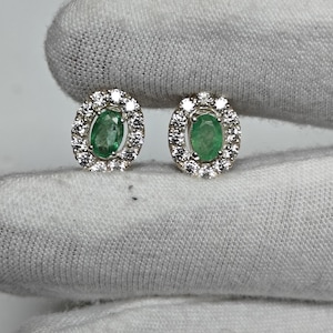Elegant  Natural Oval Emerald Stud Earrings | Sterling Silver Birthstone Jewelry | May Birthstone Gift for Her