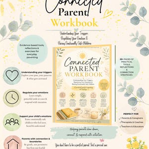 May include: The Connected Parent Workbook is a guide for understanding triggers, regulating emotions, and raising children. It features evidence-based tools, reflections, and connection strategies across 25+ pages. The cover displays a soft yellow and green botanical design with a central image of a notebook, a coffee mug, and a candle.