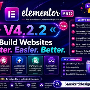 Elementor Pro バージョン 4.2.2 / 無制限アップデート / 無制限ウェブサイト / 永久アクセス