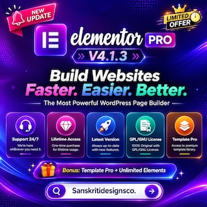 Elementor Pro version 4.1.3 / Obegränsade uppdateringar / Obegränsade webbplatser / Livstidsåtkomst