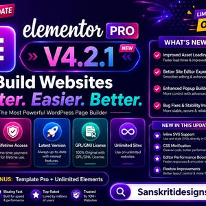 May include: A dark purple and black promotional graphic for Elementor Pro V4.2.1 featuring neon accents. The text reads Build Websites Faster. Easier. Better. It includes lists of features like Improved Asset Loading and Inline SVG Support.