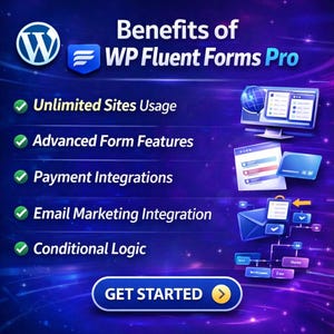 May include: A promotional graphic for WP Fluent Forms Pro, featuring the WordPress logo and a blue and purple color scheme. The text highlights benefits like unlimited site usage, advanced form features, payment integrations, email marketing integration, and conditional logic. A 'Get Started' button is included.