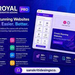 Può includere: Grafica promozionale per Royal Elementor Addons Pro, che presenta strumenti per la creazione di siti web. L'immagine presenta un'interfaccia di sito web, icone e testo che evidenziano funzionalità come widget premium e codice per sviluppatori.