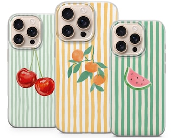 Kirsche Orange Wassermelone Obst Gestreifte Handyhülle, süße Kawaii Sommerhülle für Iphone 17 Pro Max, Samsung Galaxy S25 S26, Pixel 10,9A, 8