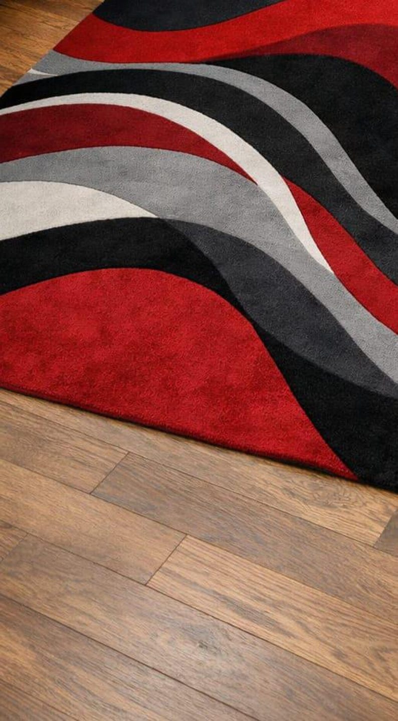 Moevment Rugs Modern Abstract Wave Rug - Hand Tufted New Zealand Wool - Red, Black ...
