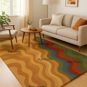 Hand Tufted Wool Rug: Modern Abstract Wavy Carpet - Earthy Tones