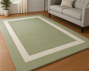 Salviagrön handtuftad matta med krämfärgad kant, 100 % nyzeeländsk ullmatta, modern minimalistisk inredning, anpassade storlekar för vardagsrum, sovrum