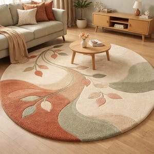 Hand Tufted Round Rug New Zealand Wool Carved Floral Leaf Area Rug Modern Soft Terracotta Sage Green Circular Carpet for Living Room Bedroom