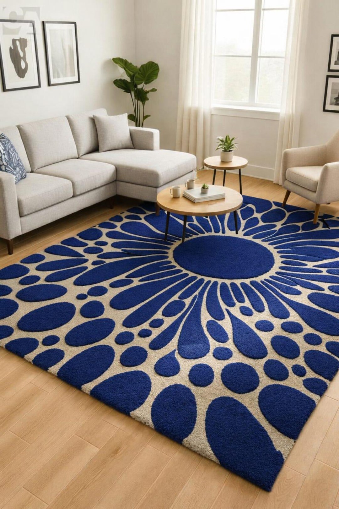 Hand Tufted New Zealand Wool Rug - Modern Blue Floral Sunburst Area Rug ...