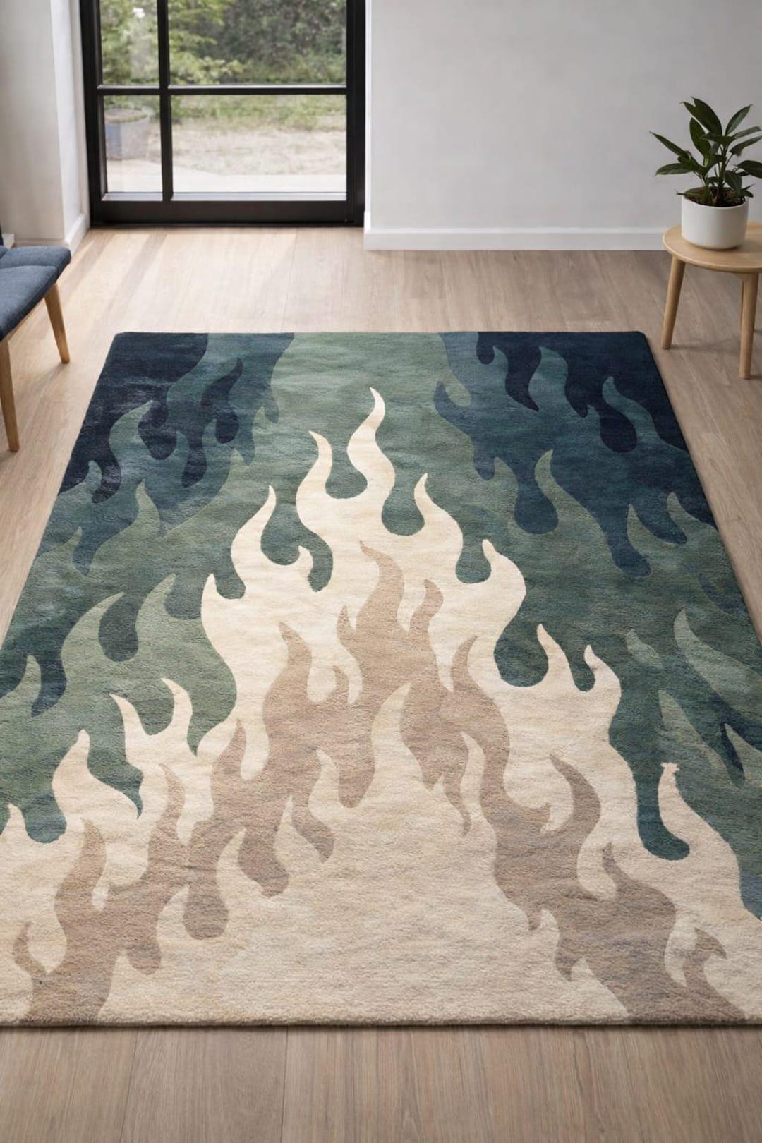 Hand Tufted New Zealand Wool Rug - Blue Sage Green Flame Area Rug ...