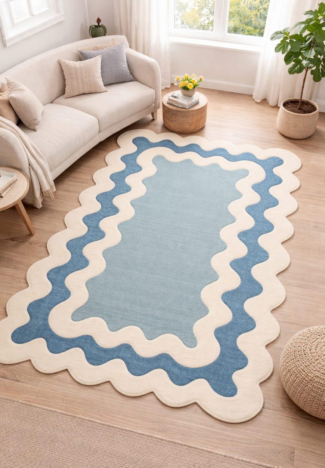 Hand Tufted New Zealand Wool Rug - Blue Scalloped Wavy Border Area Rug ...