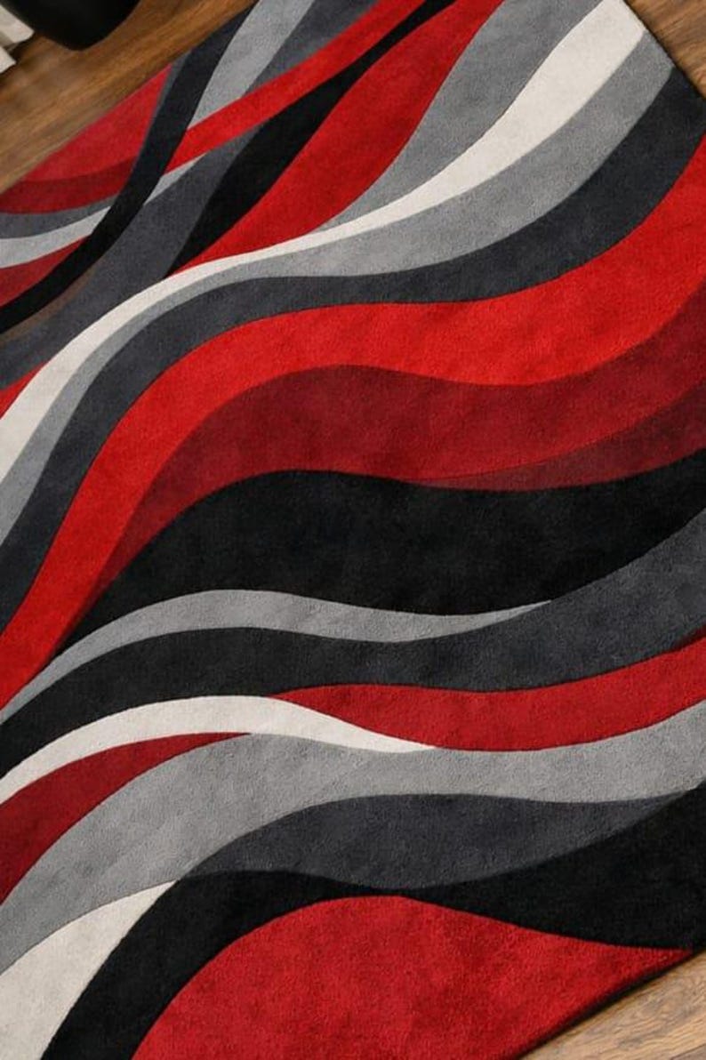Moevment Rugs Modern Abstract Wave Rug - Hand Tufted New Zealand Wool - Red, Black ...