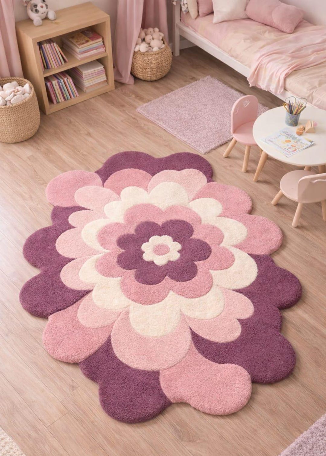 Hand Tufted New Zealand Wool Flower Rug - 3D Layered Petal Floral Area ...