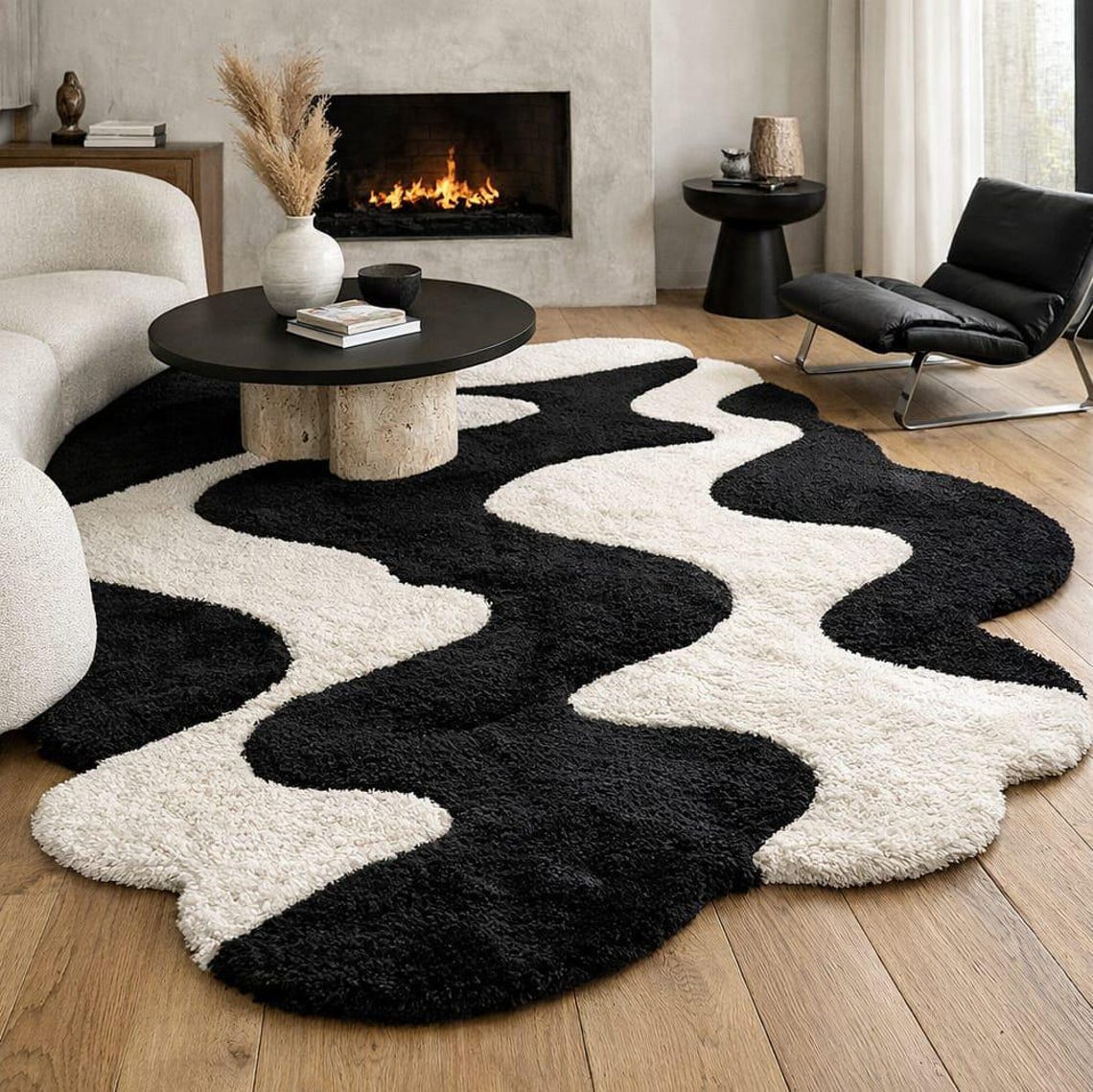Hand Tufted Black and White Wavy Rug - Modern Abstract Irregular Shape ...