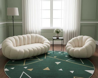 Alfombra redonda verde esmeralda con mechones hechos a mano con triángulos geométricos dorados y blancos / Alfombra de lana moderna abstracta para sala de estar, dormitorio y guardería.