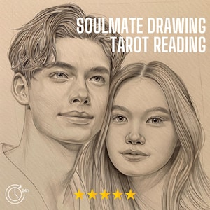 May include: A pencil sketch of a couple, with the text "SOULMATE DRAWING TAROT READING" in white. The image includes a 24-hour icon and five gold stars, suggesting a service or product related to relationships or readings.