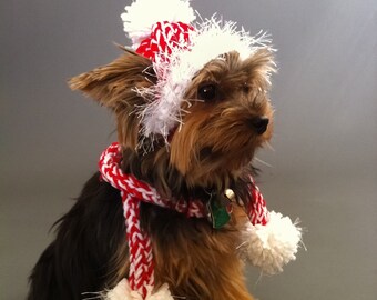 Red and White Dog hat and Tube Scarf with Pom Pom - small