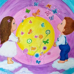 Dream 2., painting by artist Kristina Janekova, acrylic on canvas, 70x50 cm (27,5x19,7 inch), 2022. kids, butterflies, for kids, childrens,