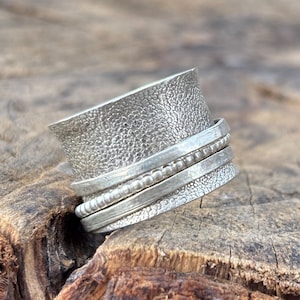 Handmade Sterling Silver Textured Spinner Ring | 925 Silver Meditation Band | Adjustable Anxiety Fidget Ring