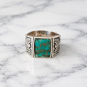 Turquoise sterlingzilveren ring heren | Rechthoekige Southwestern Signet 925