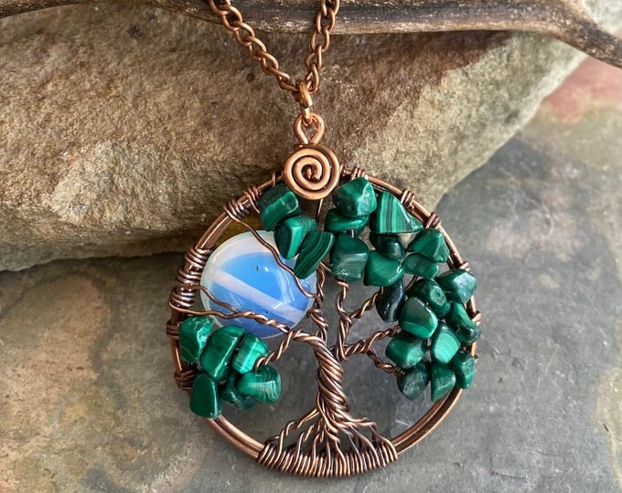 Custom Blue Opalite Full Moon Tree of Life Necklace in Antiqued copper,Wire Wrapped Full Moon Tree of Life, Family Tree of Life Necklace