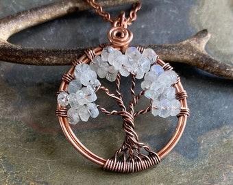 Moonstone Tree Necklace in Antiqued Copper, April and June Birthstone Necklace,Moonstone/Quartz Necklace,Holiday Tree of Life Necklace