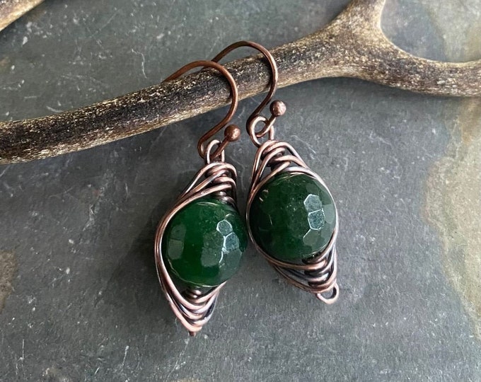 Jade Earrings in Antiqued Copper, Wire Wrapped Herringbone Green Jade Dangle Earrings,May Birthstone earrings, Healing Gemstone Earrings