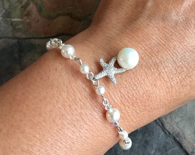 Starfish Charm Pearl Crystal Bracelet,Beach Starfish Necklace & Earrings, Starfish Ocean theme jewelry,Bridal Bracelet, Bridesmaid bracelet