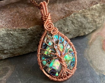Abalone Tree of Life Pendant: Hammered Copper Wire Wrapped Necklace