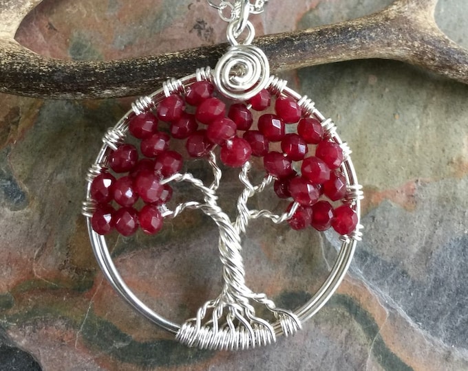 Ruby Necklace in .925 Sterling Silver, Ruby Tree of Life Necklace, Tuby Tree of life Necklace, Red Necklace, Holiday Jewelry., Gift For Her