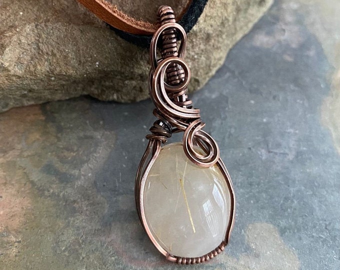 Wire Wrapped Natural Golden Rutile Quartz Oval Cabochon Necklace in Antiqued copper, Natural Rutilated Quartz Tree of Life Necklace