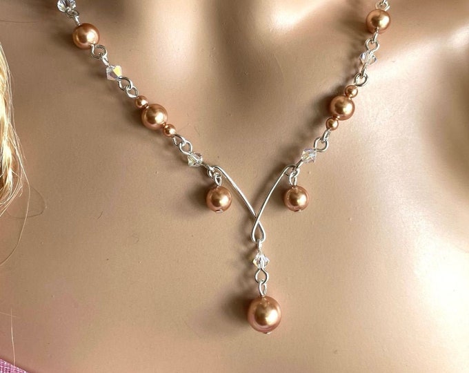 Sterling Silver Swarovski Rose Gold Pearl And Crystal Necklace,Bridesmaid Necklace, Bridal Jewelry, Infinity Pearl & Crystal Bracelet