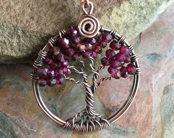 Garnet Necklace,Garnet tree of Life Necklace Antiqued Copper, Wire Wrapped   RHODOLITE GARNET Tree of Life, January Birthstone Tree of Life