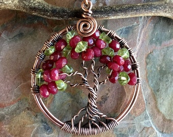 Ruby Necklace, Ruby Tree of Life Necklace in Antiqued Copper, Wire Wrapped Genuine Ruby Tree of Life Pendant,July Birthstone Necklace