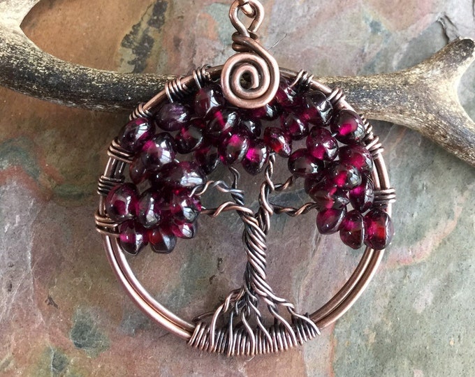 Garnet Necklace in Copper,Garnet tree of Life Necklace,Wire Wrapped Garnet Tree of Life,January Birthstone Tree of Life Jewelry, Red Garnet