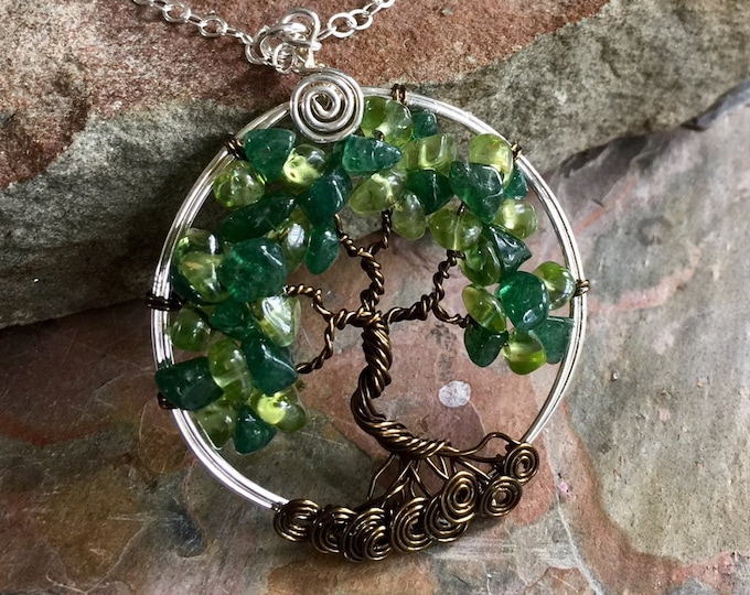 Peridot / Dark Jade Tree of Life Pendant - Wire Wrapped Peridot Gemstone Necklace- August Birthstone, May Birthstone