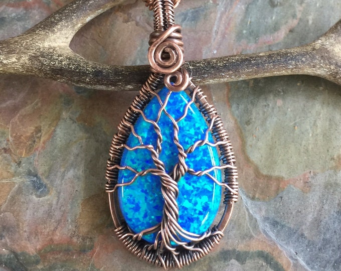 Opal Pendant Necklace in Antiqued Copper ,Simulated Blue Opal Tree of Life Necklace Copper wire,Synthetic Opal Tree of Life,Graduation Gift