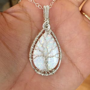 Ready ship in 1 to 2 days, Opal Necklace, WHITE opal Tree of Life  Necklace Sterling Silver,October Birthstone Necklace, Lab Created Opal