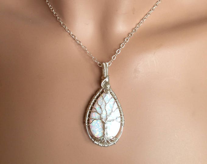 Ready ship in 1 to 2 days, Opal Necklace, WHITE opal Tree of Life  Necklace Sterling Silver,October Birthstone Necklace, Lab Created Opal