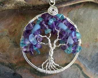 Tree of Life Pendant Necklace with Sterling Silver Chain - Amethyst/Aquamarine Tree of Life Pendant- February, March Birthstone Tree of Life
