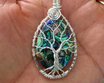 READY SHIP, Sterling Silver Abalone Tree of Life Necklace, Mother's Day Gift, Wire Wrapped Abalone Tree of Life ,Abalone Necklace,