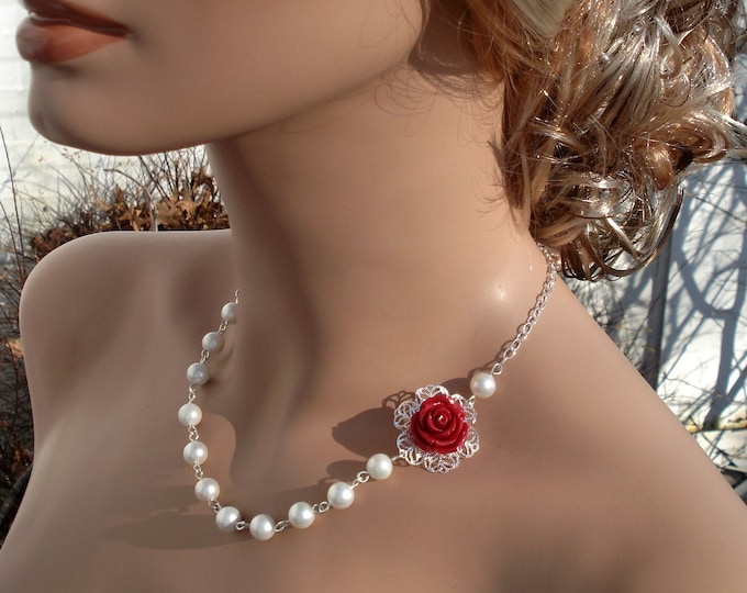 Bridal Red Flower Necklace in Silver, Red Rose Flower Earrings, Flower Pearl Necklace and Earring Set, Bridesmaid Jewelry
